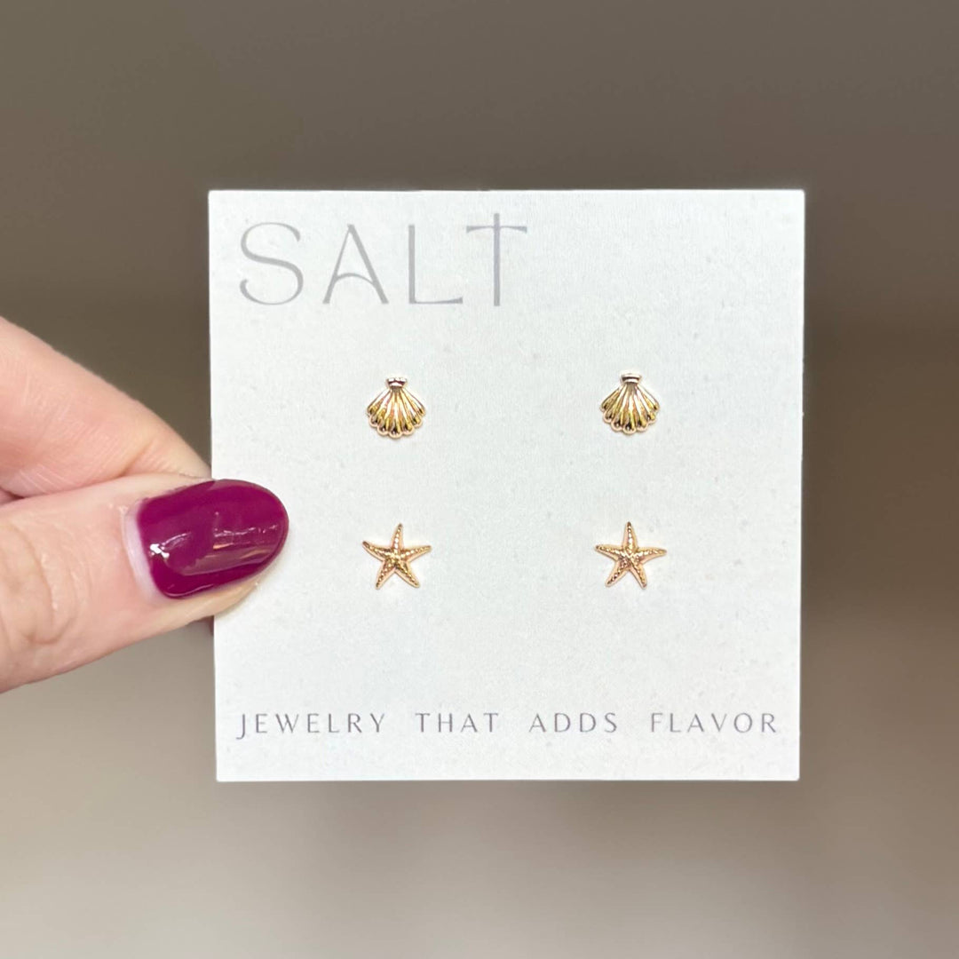 Coastal Stud Set - 18k gold seashell &amp; starfish earrings