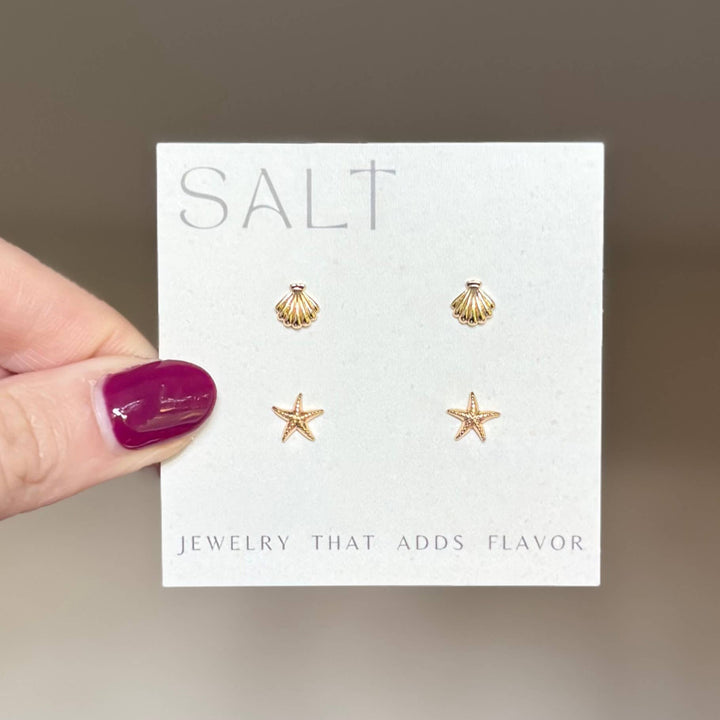 Coastal Stud Set - 18k gold seashell &amp; starfish earrings