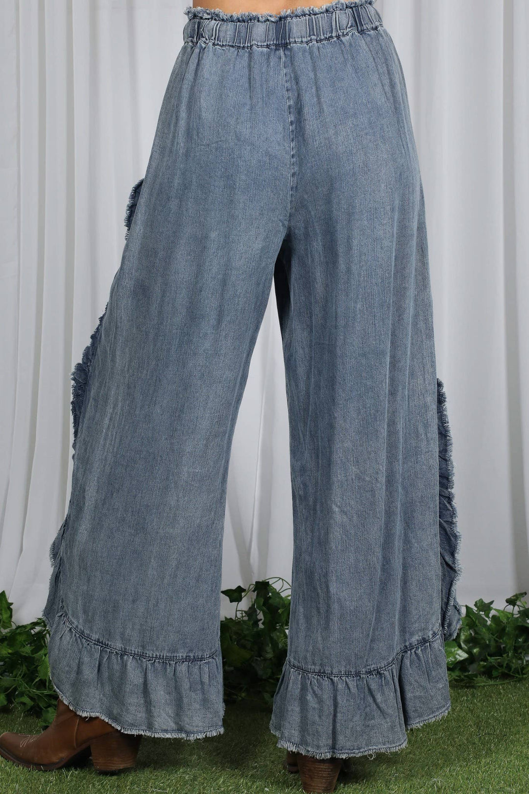 Flared Ruffle Hem Washed Chambray Crop Denim Pants