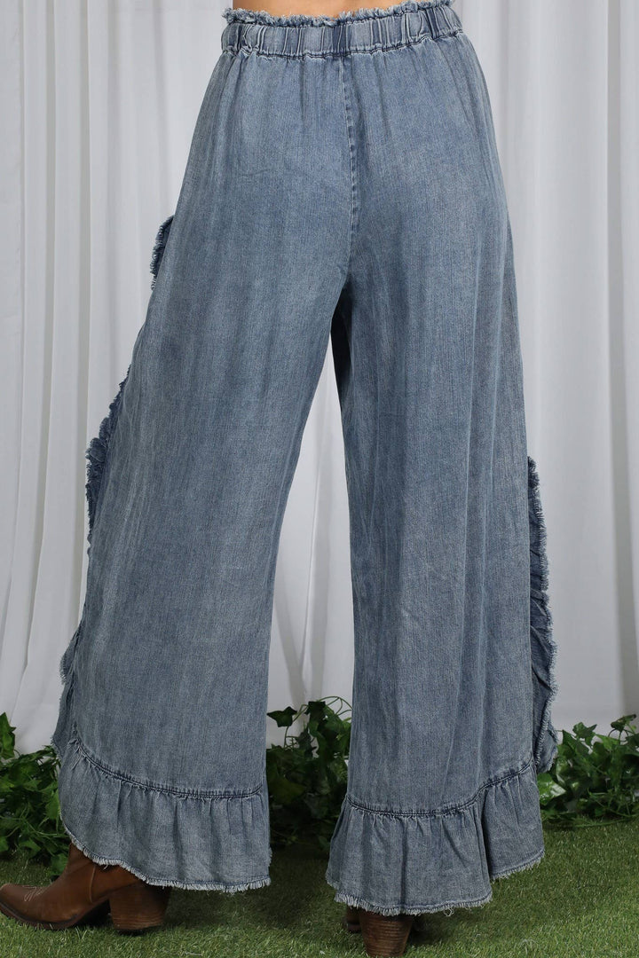 Flared Ruffle Hem Washed Chambray Crop Denim Pants