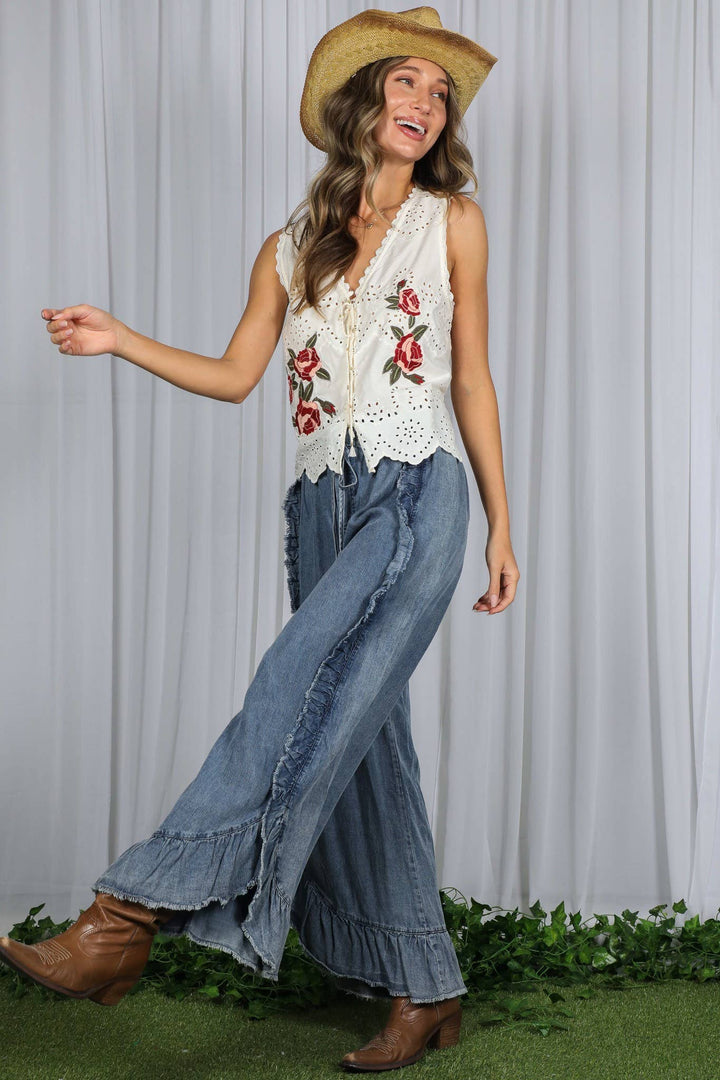 Flared Ruffle Hem Washed Chambray Crop Denim Pants