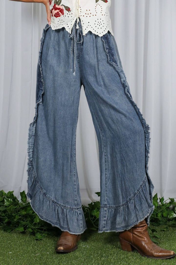 Flared Ruffle Hem Washed Chambray Crop Denim Pants