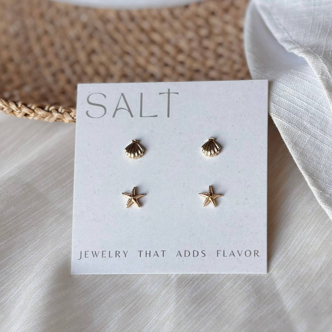 Coastal Stud Set - 18k gold seashell &amp; starfish earrings