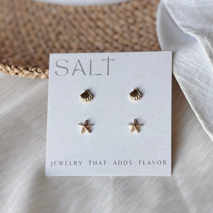 Coastal Stud Set - 18k gold seashell &amp; starfish earrings