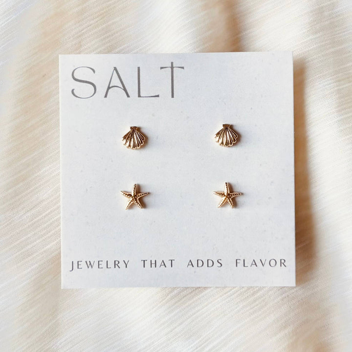 Coastal Stud Set - 18k gold seashell &amp; starfish earrings