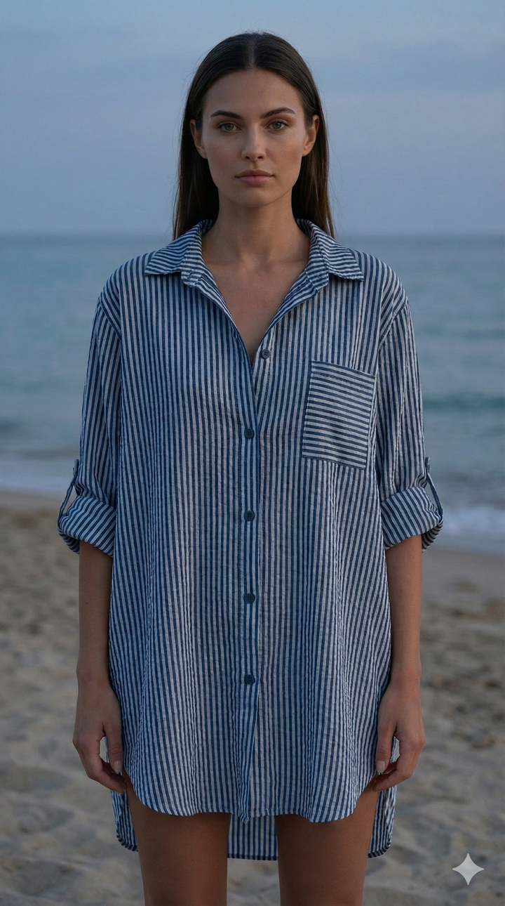 CACCUN Italian Navy Striped Cotton Shirt Dress