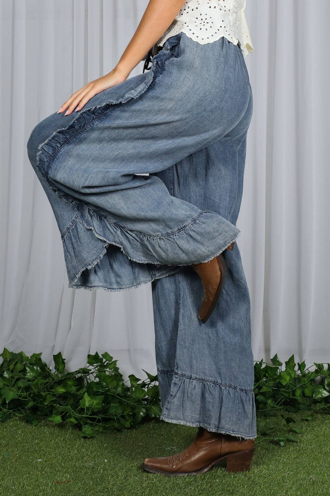 Flared Ruffle Hem Washed Chambray Crop Denim Pants