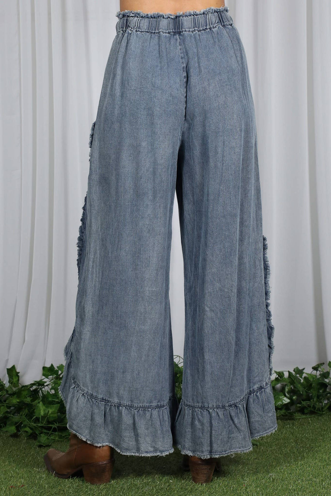Flared Ruffle Hem Washed Chambray Crop Denim Pants