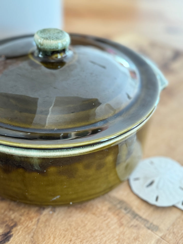 GORGEOUS GREEN STONEWARE DISH WITH LID