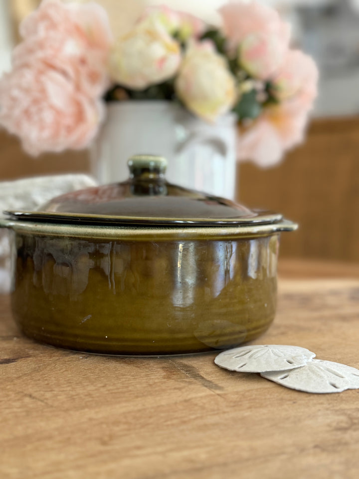 GORGEOUS GREEN STONEWARE DISH WITH LID