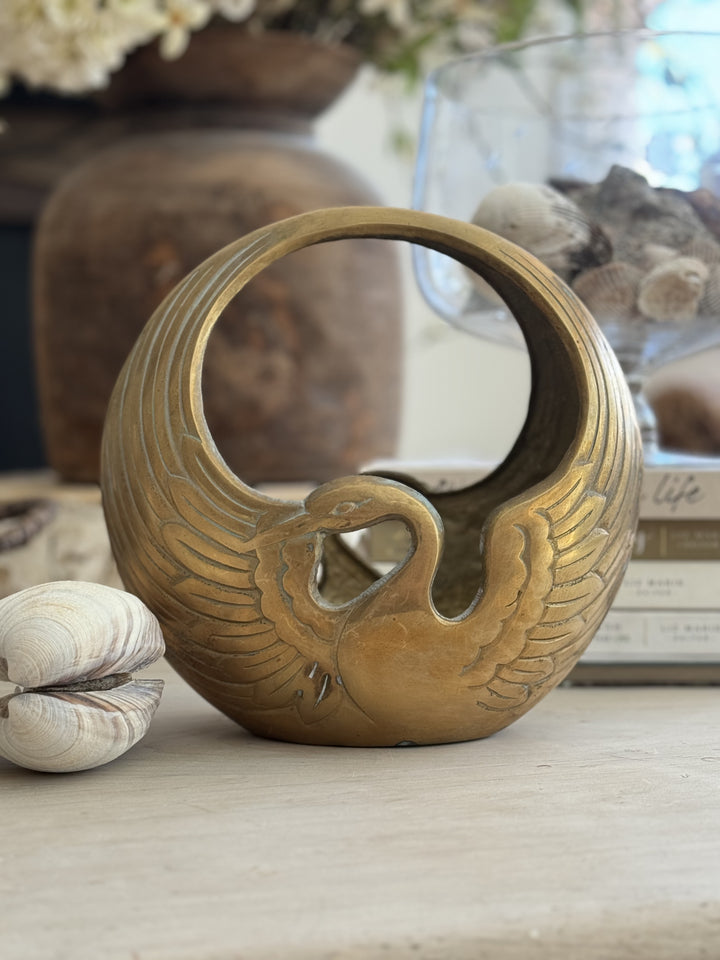 HEAVY BRASS SWAN CONTAINER WITH HANDLE