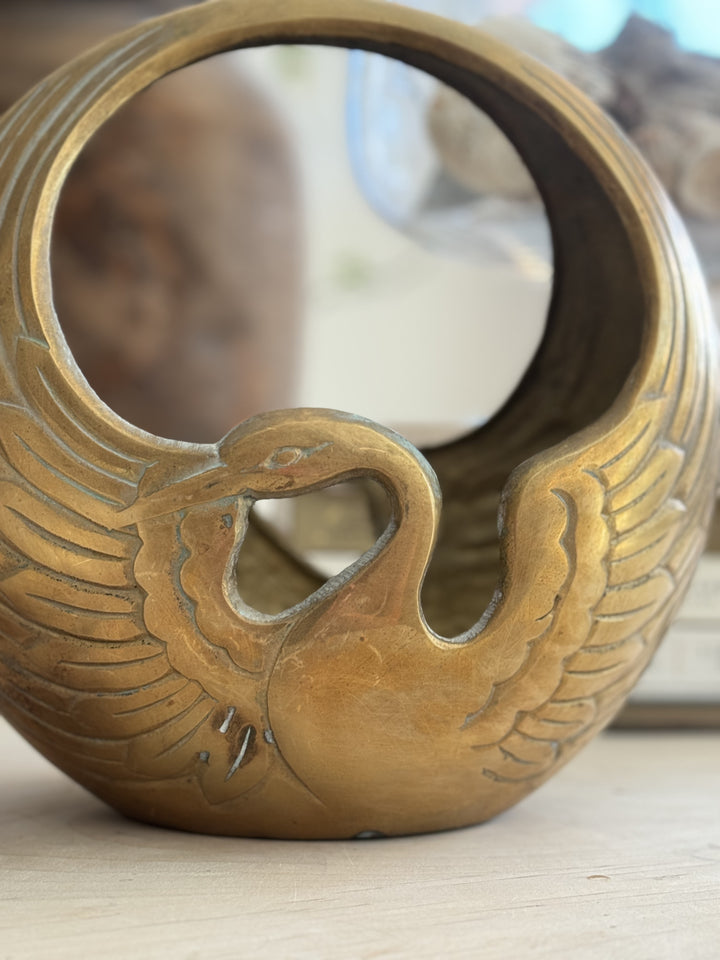 HEAVY BRASS SWAN CONTAINER WITH HANDLE