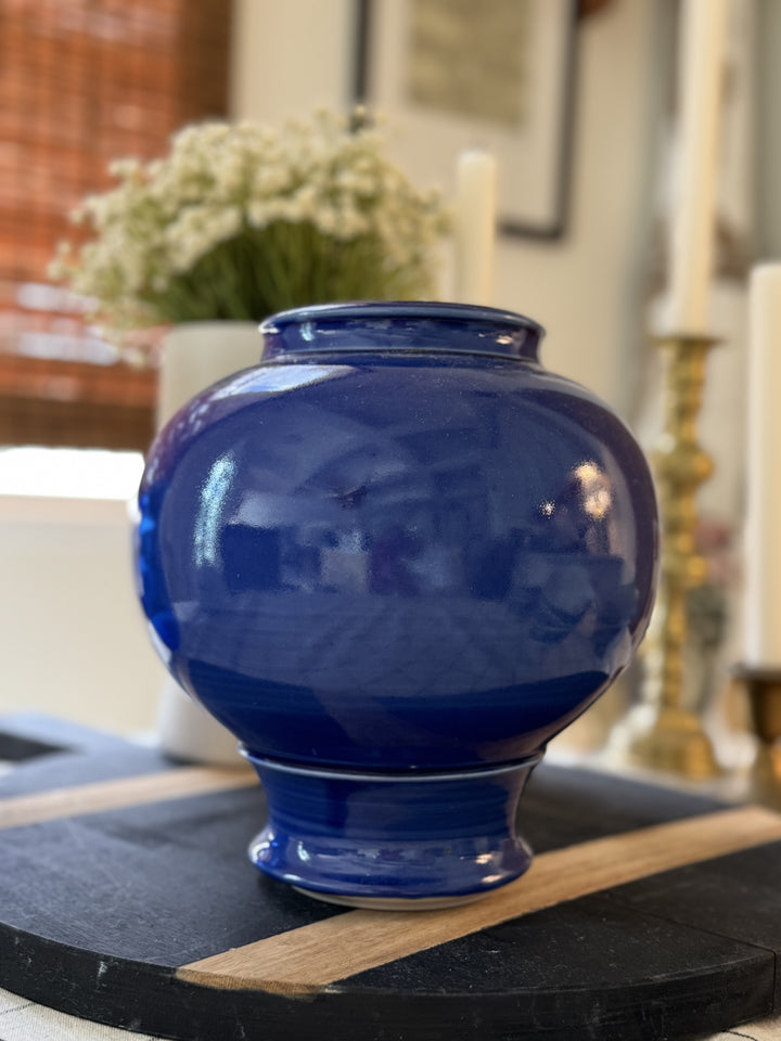 STUNNING BLUE POTTERY VASE ( signed and dated )