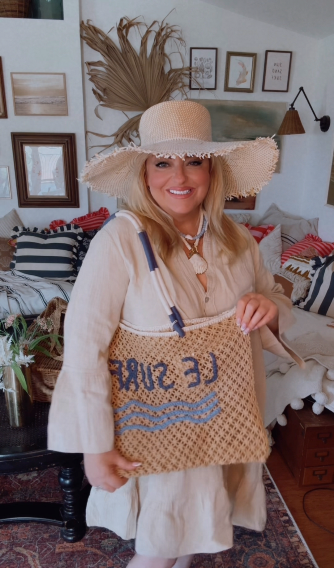 Beige Gauze Cotton Italian Short Dress with 3/4 Sleeves
