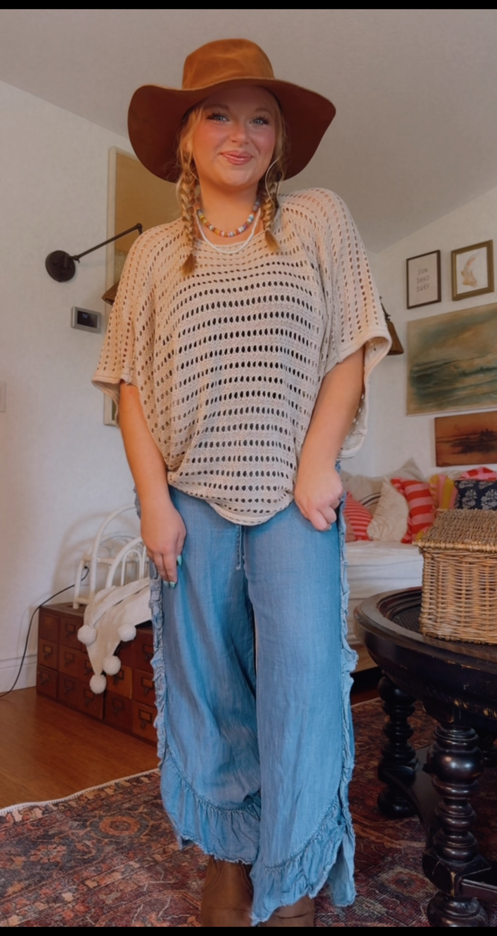 Hollow Out Knit Top Loose Batwing Sleeve Summer Tee