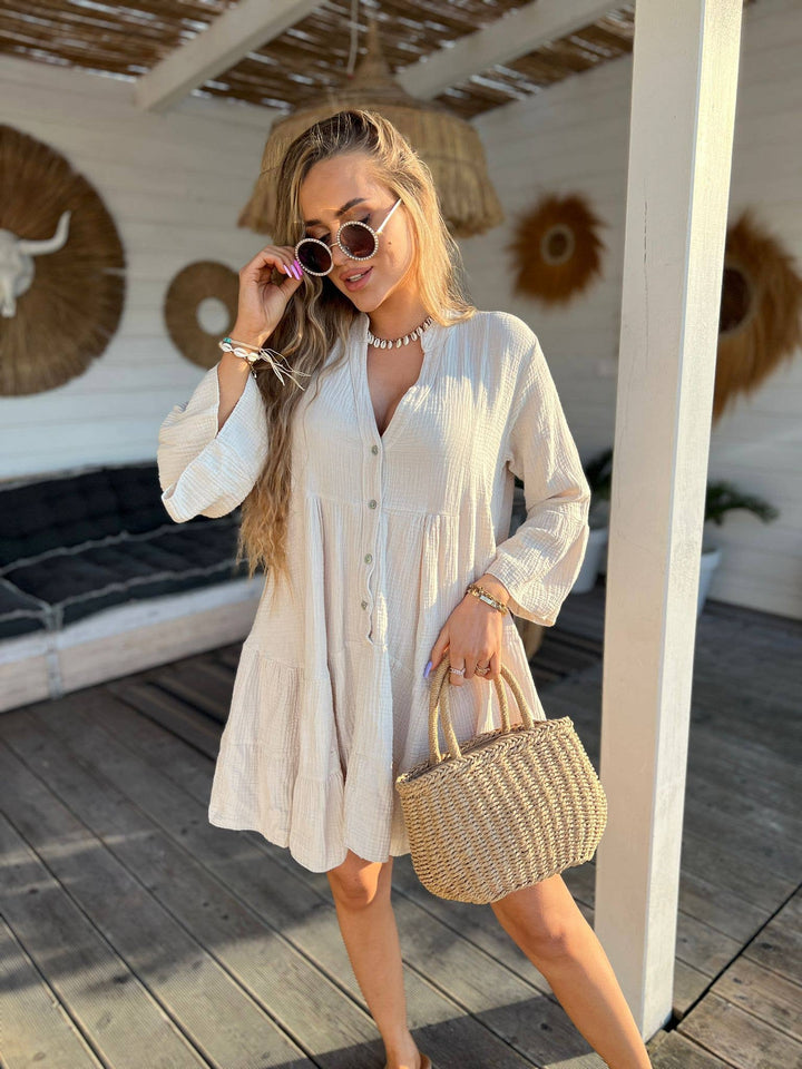 Beige Gauze Cotton Italian Short Dress with 3/4 Sleeves