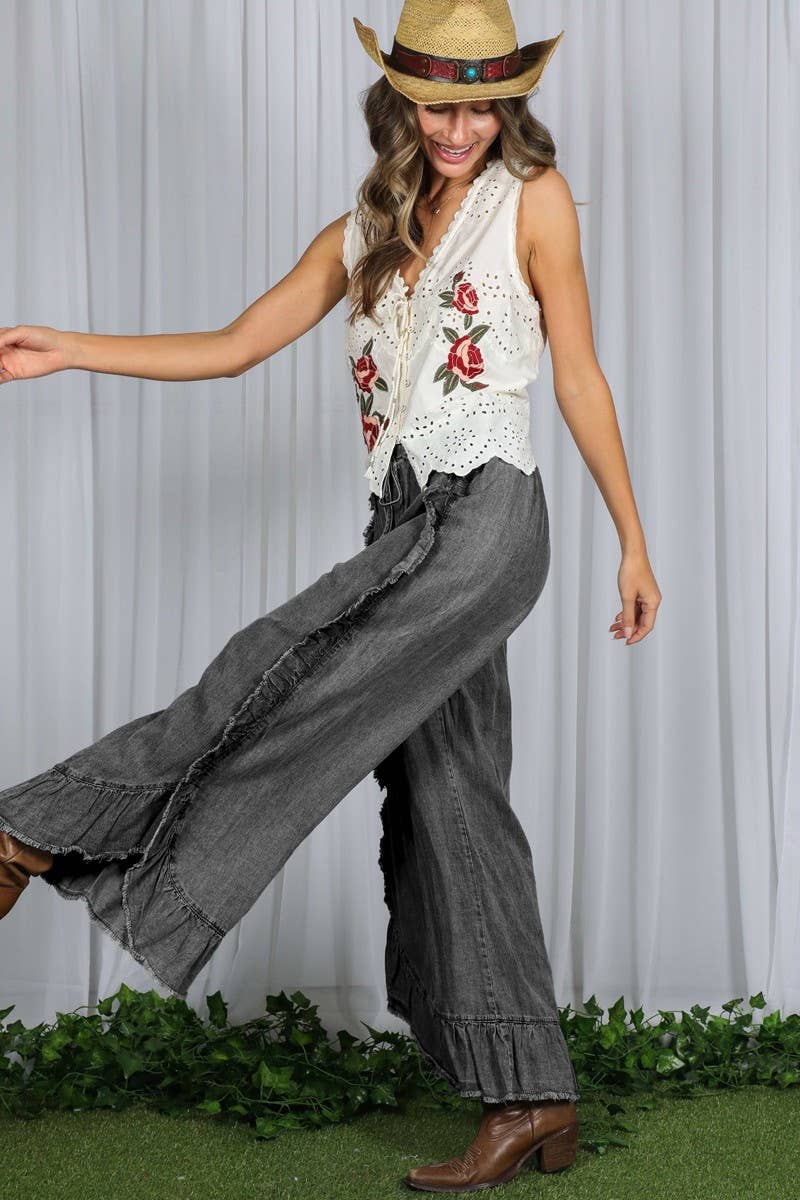 Flared Ruffle Hem Washed Chambray Crop Denim Pants